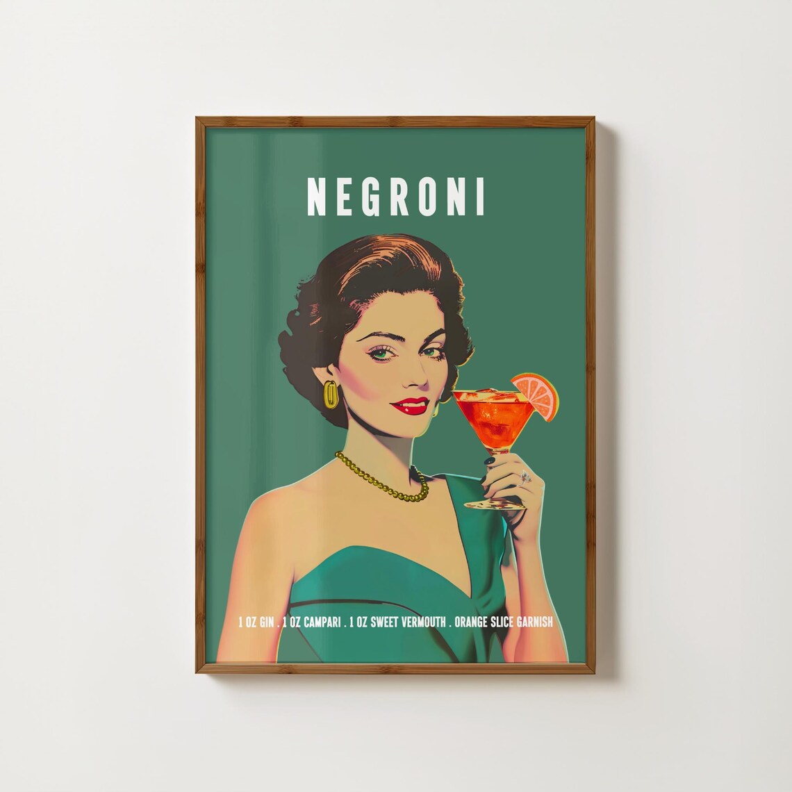 Negroni Retro Cocktail Poster, Bar Cart Kitchen Decor