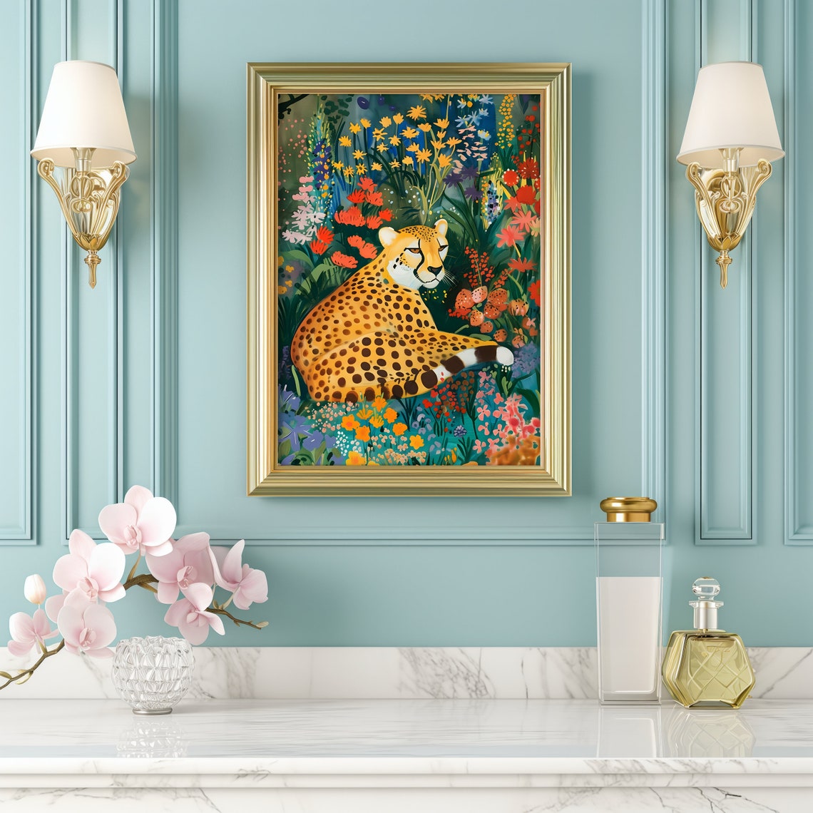 Floral Cheetah Maximalist Jungle Garden Blooms Big Cat Wall Art - Image 2