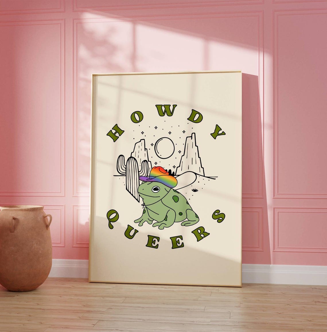 Howdy Queers Rainbow Cowboy Frog Pride Western Desert Poster - Image 4