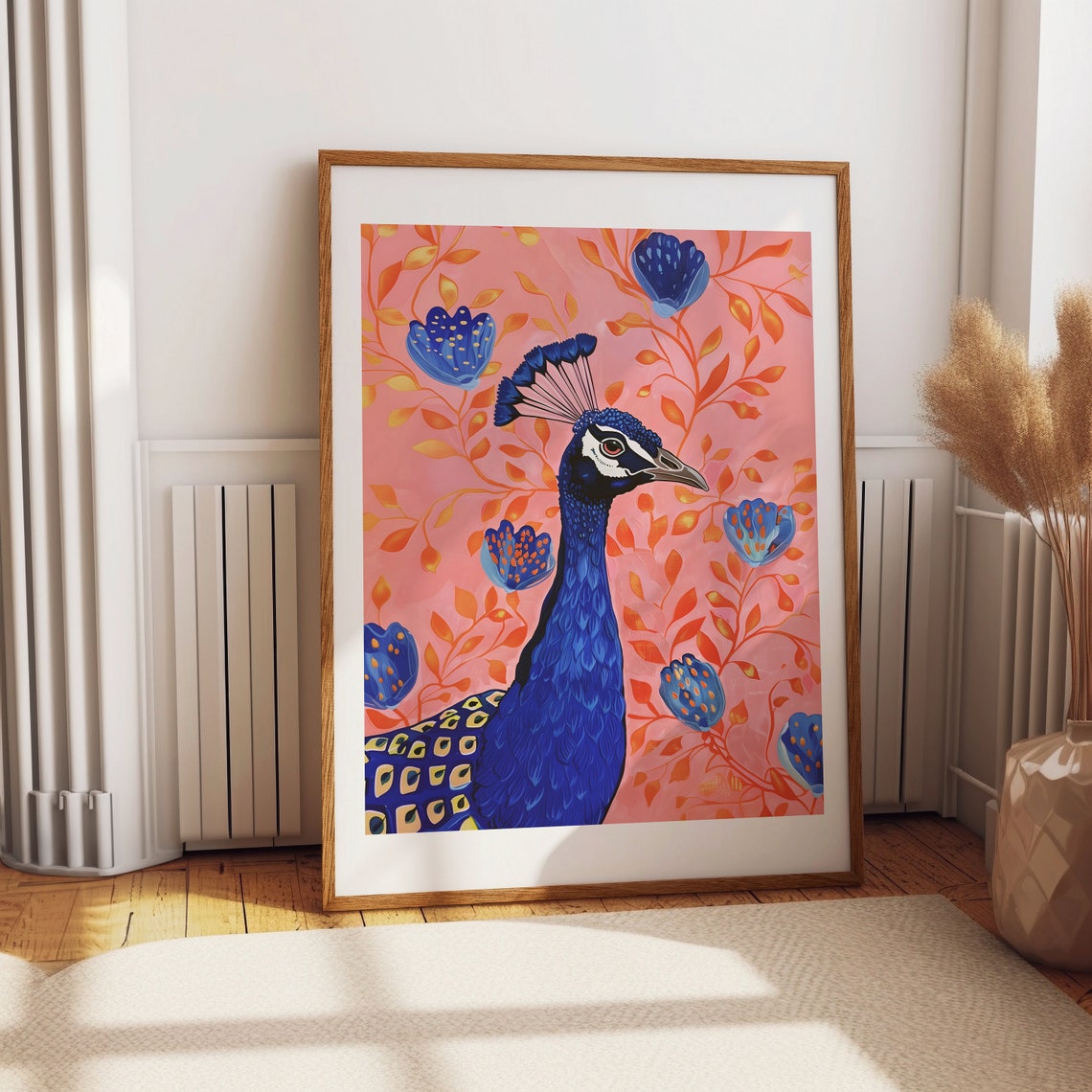 Blue Peacock Against Pink Floral Background Maximalist Bird Poster - Image 2
