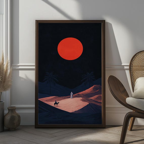 Desert Moon Wall Art Abstract Night Landscape With Red Sun And Sand Dunes Bold Minimalist Artwork For Modern And Bohemian Spaces