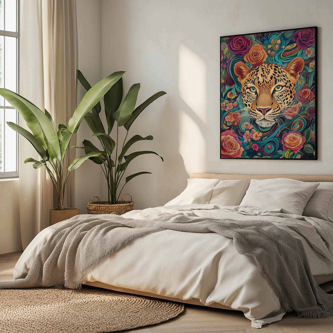 Leopard Face Surrounded by Roses Tropical Maximalist Wall Art - Image 5