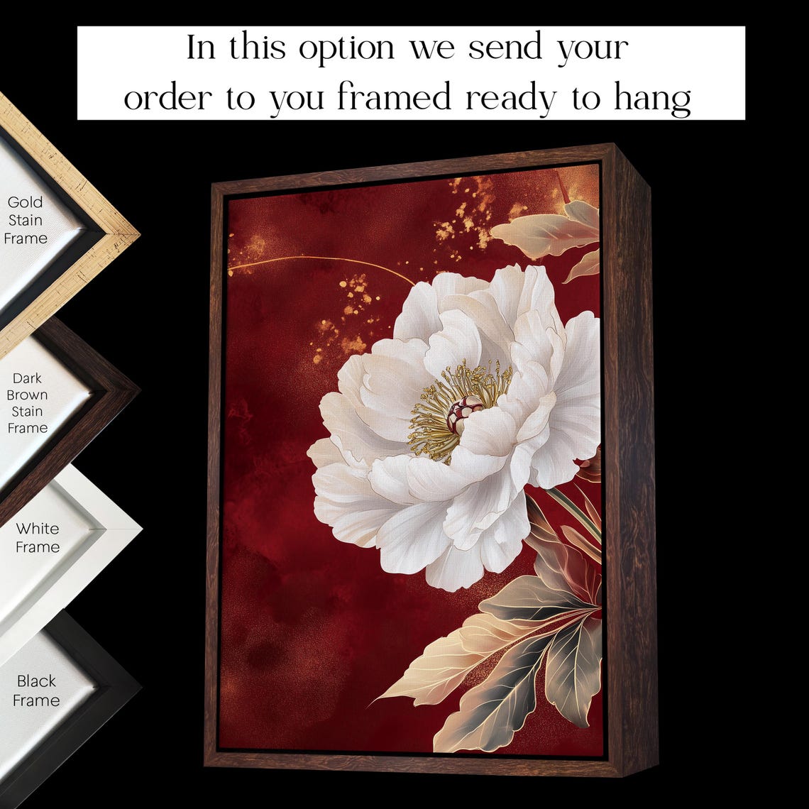 Elegant White Peony Blossom on Deep Red Floral Botanical Poster - Image 2