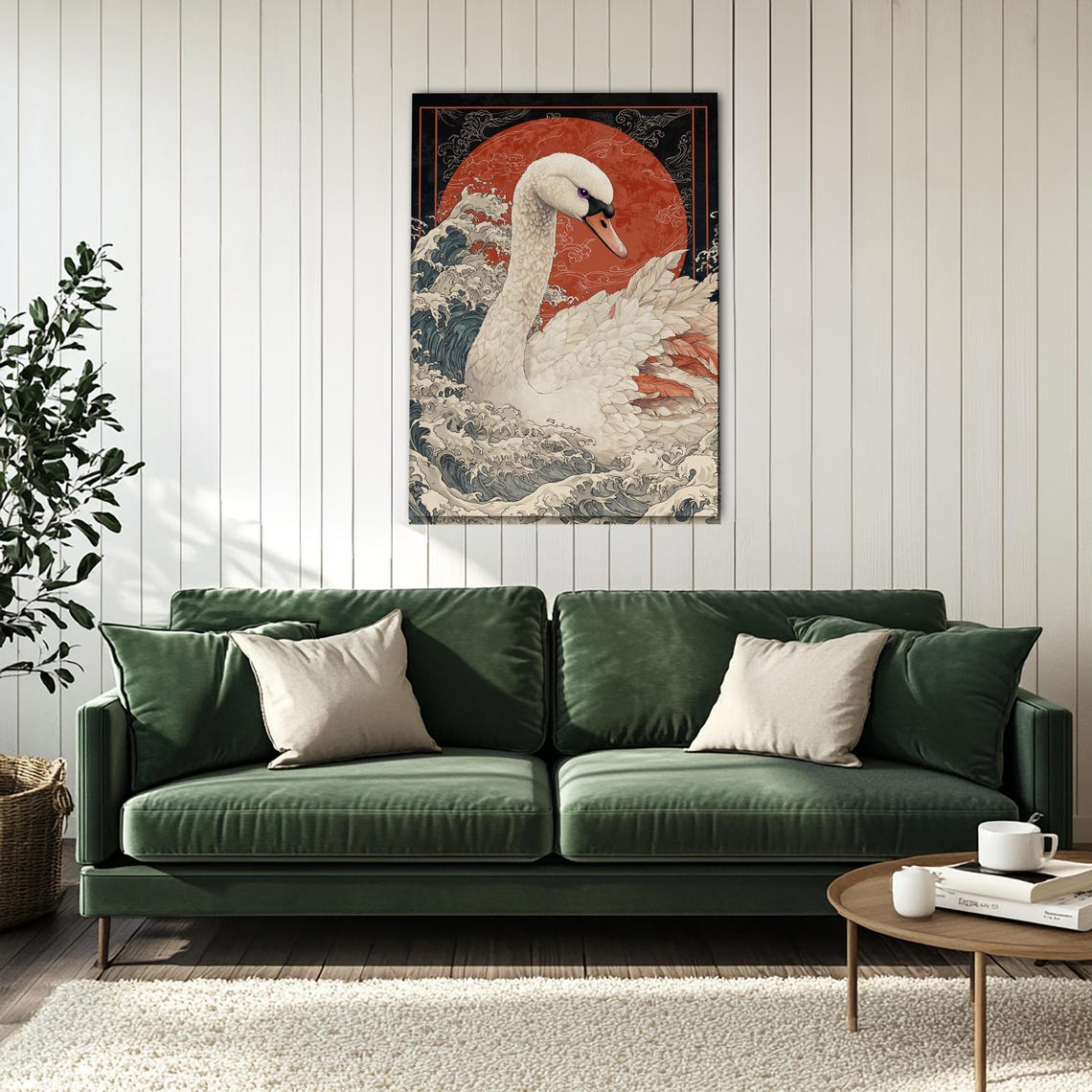 Elegant White Swan Japanese Ocean Waves Red Sun Decor Poster - Image 4