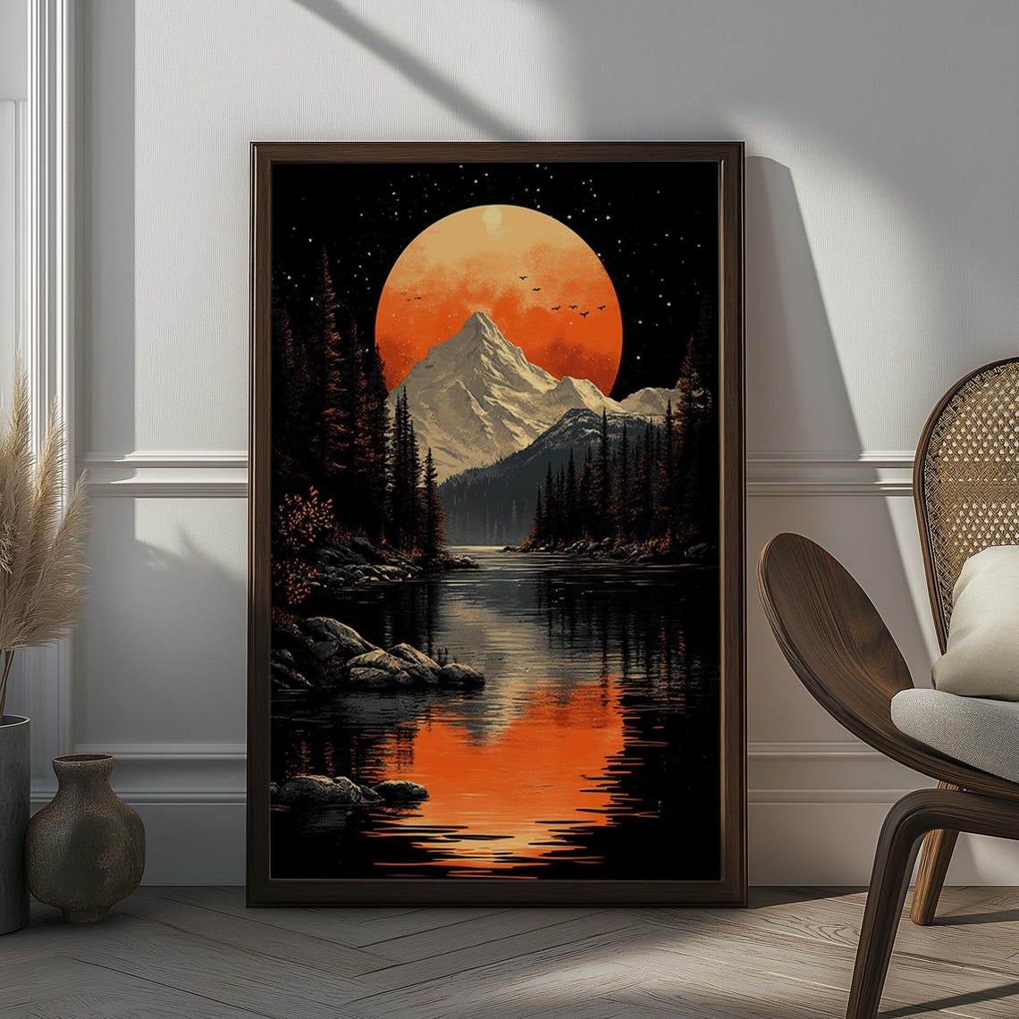 Orange Moon Over Mountain Lake Night Wilderness Landscape Poster