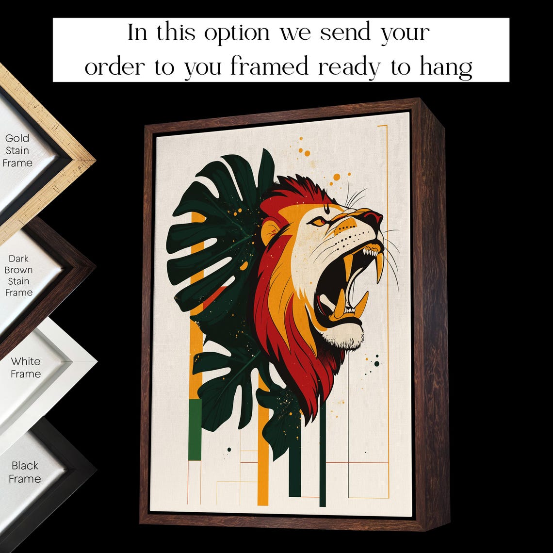 Roaring Lion Head With Monstera Leaves Tropical Modern Wall Art - Image 3
