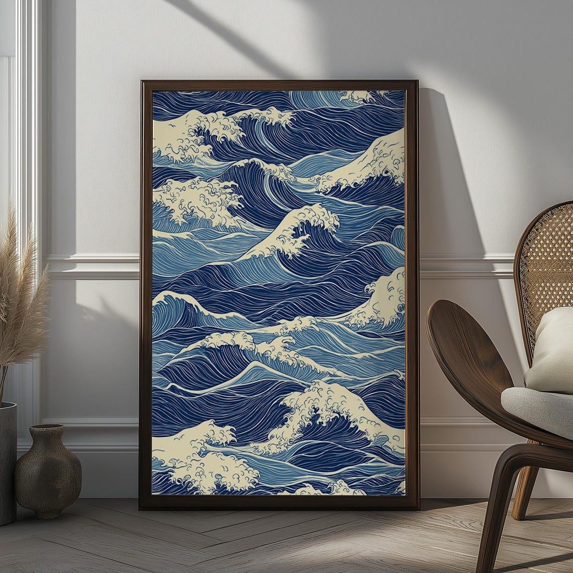 Japanese Blue Ocean Wave Pattern Traditional Ukiyo Inspired Wall Art