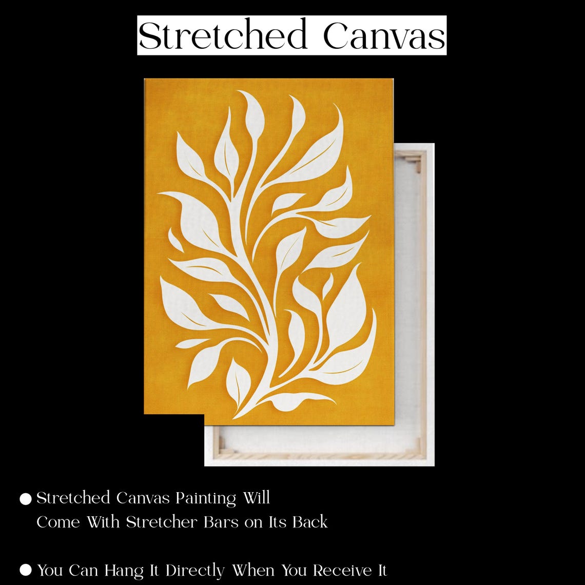 White Botanical Leaves on Mustard Yellow Boho Chic Floral Wall Art - Image 2