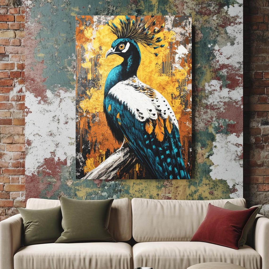 Vibrant Peacock Painting Teal Gold Abstract Exotic Bird Canvas Poster