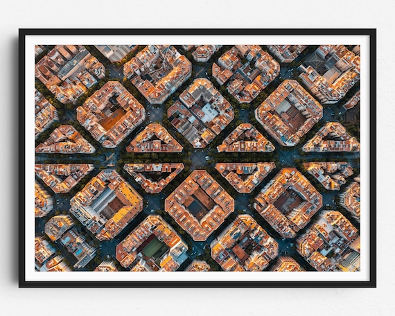 Barcelona Aerial Photo Print, City Sunrise Poster