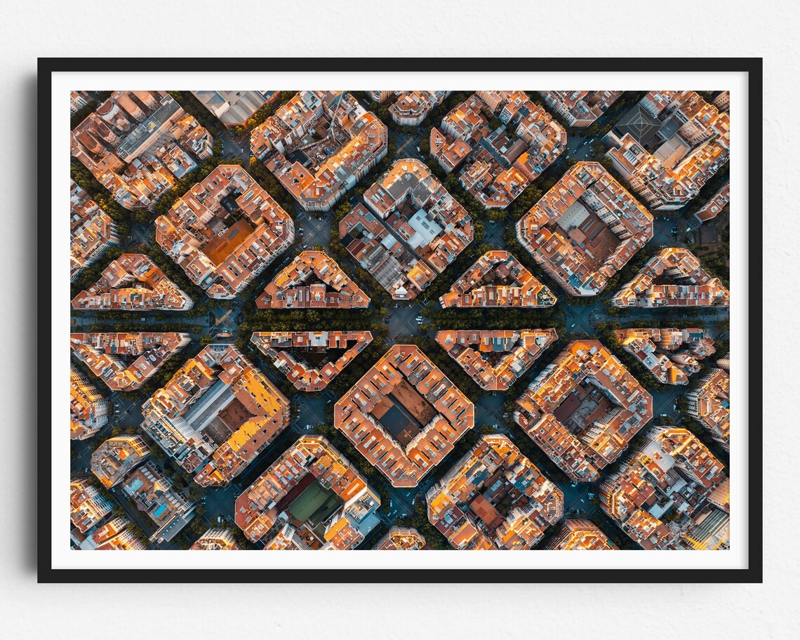 Barcelona Aerial Photo Print, City Sunrise Poster