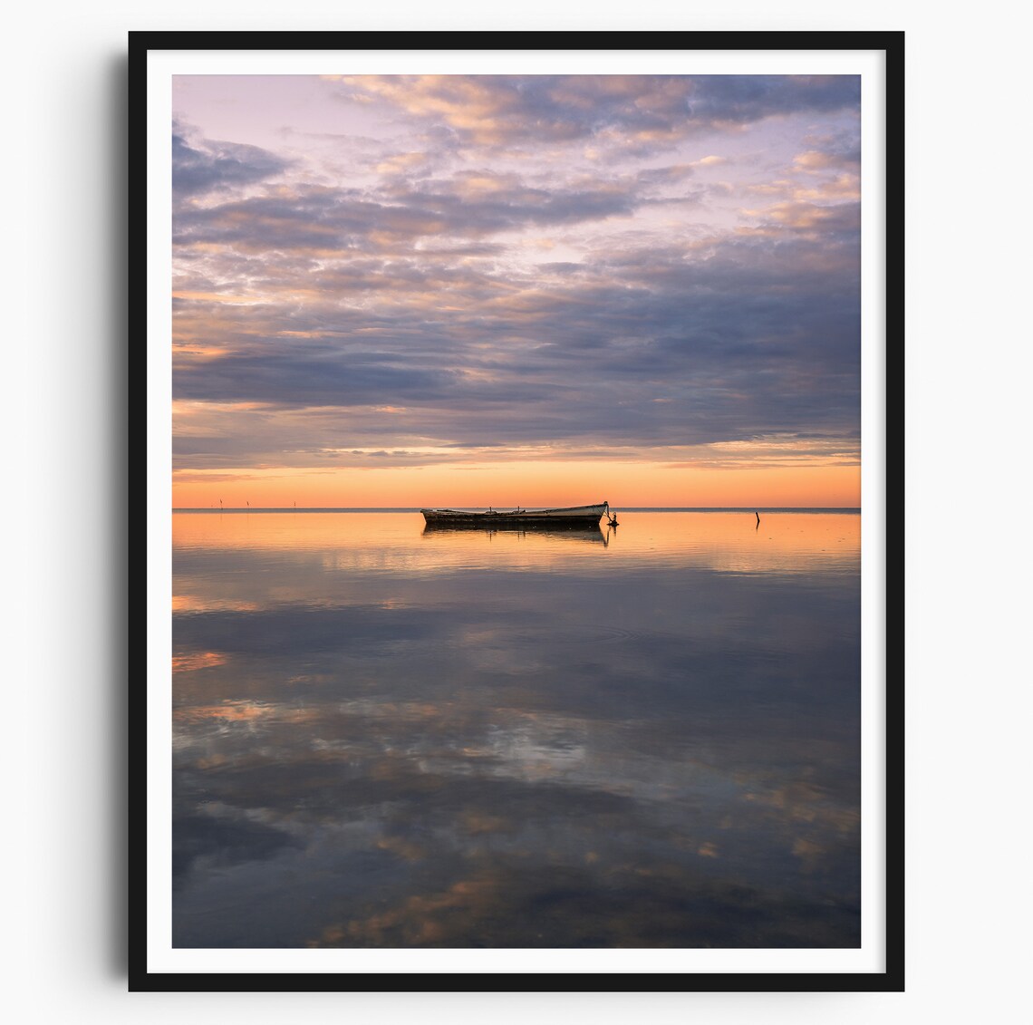 Lone Boat Sunrise Mirror Calm Water Pastel Sky Landscape Poster