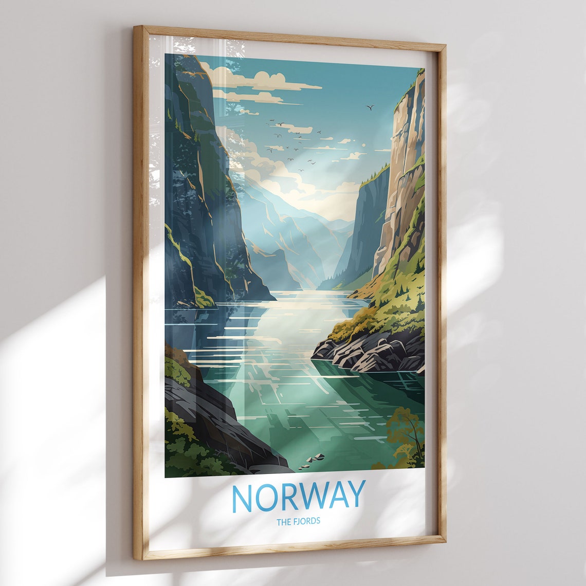 Norway The Fjords Narrow Gorge Emerald Water Sunlit Cliffs Poster
