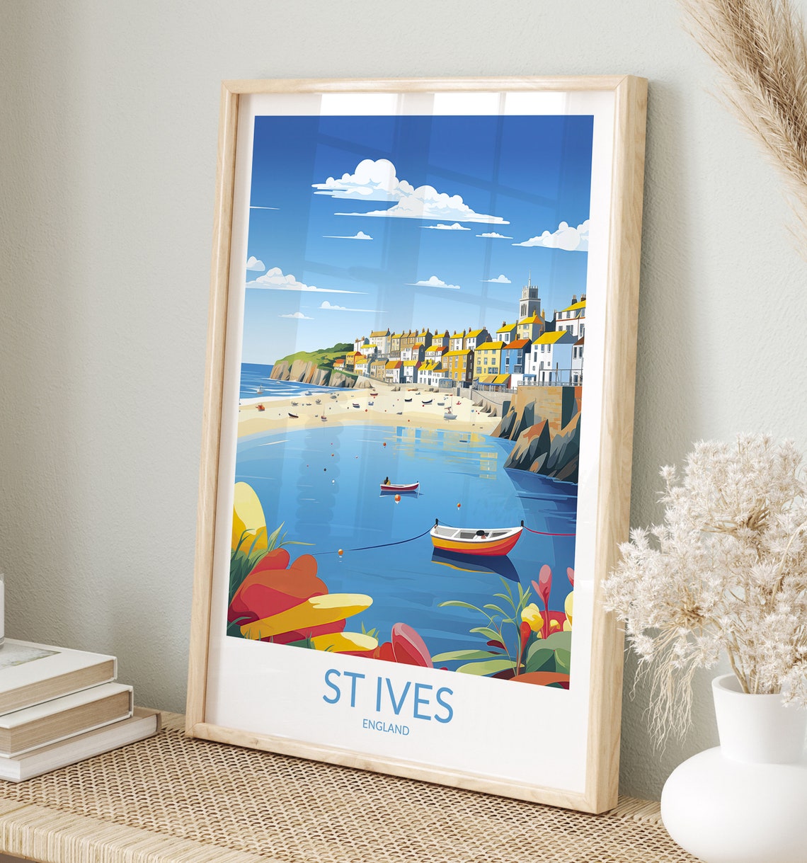 St Ives England Sandy Beach Bay Beachfront Town Vintage Poster