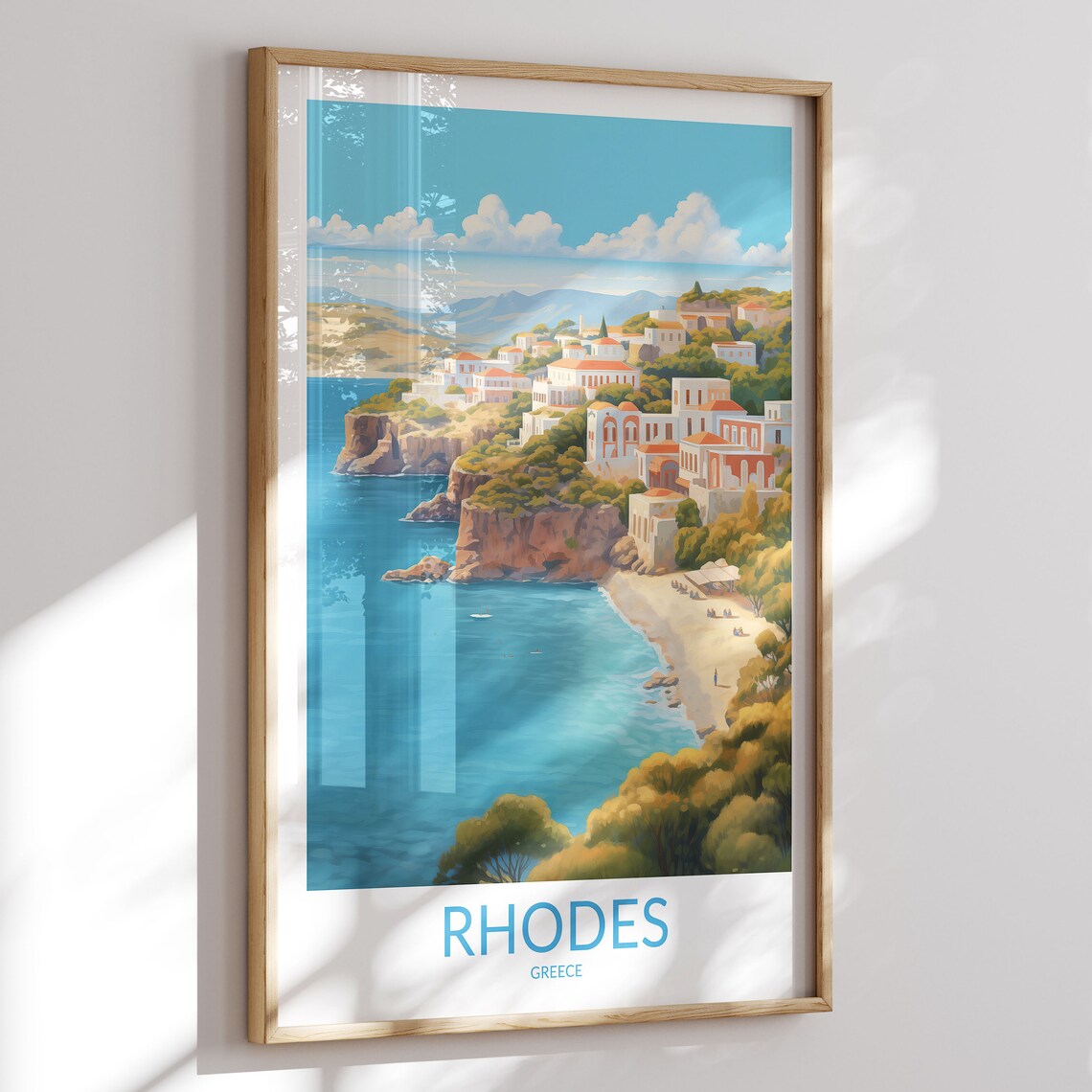Rhodes Greece Cliffside Village Beach Cove Aegean Sea Vintage Poster