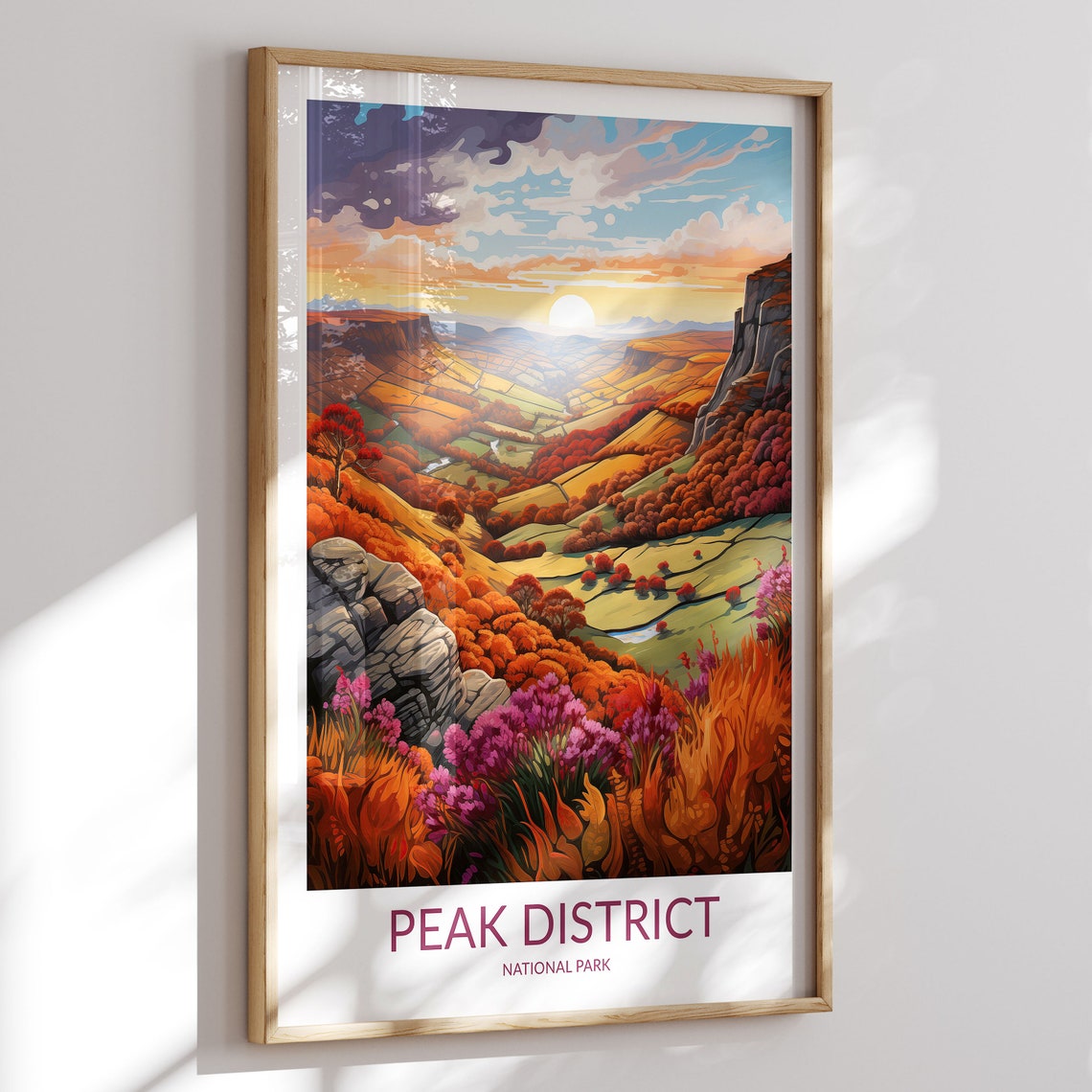 Peak District National Park Autumn Sunset Crag Travel Poster