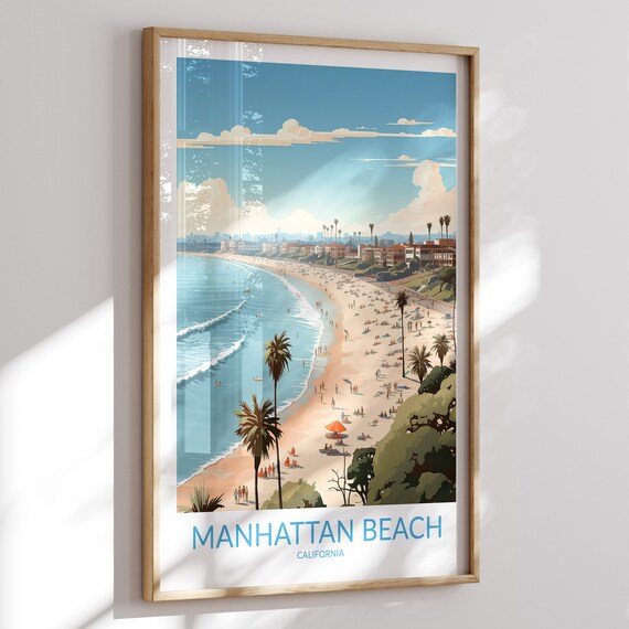 Manhattan Beach California Sunny Palm Tree Surf Beach Travel Poster
