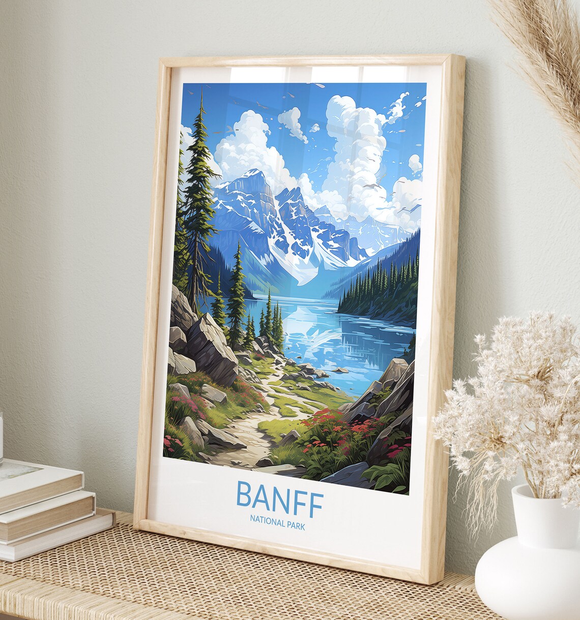 Banff National Park Snowy Peaks Mountain Lake Trail Scenic Poster