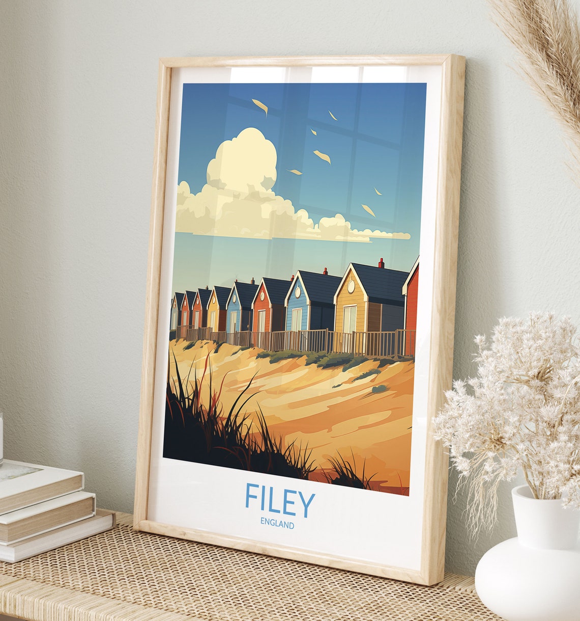Filey England Colorful Seaside Beach Huts on Dunes Travel Poster