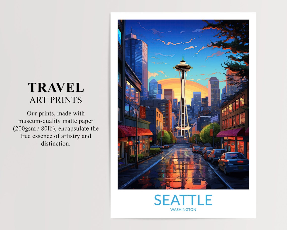 Seattle Washington Space Needle Sunset Cityscape Travel Poster - Image 2