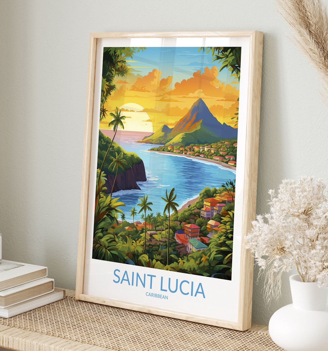 Saint Lucia Caribbean Piton Mountains Sunset Bay Palm Beach Art Poster