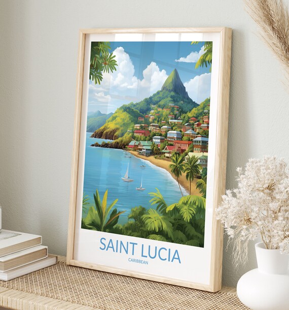 Saint Lucia Caribbean Pitons Over Colorful Town Sailboat Bay Art Poster