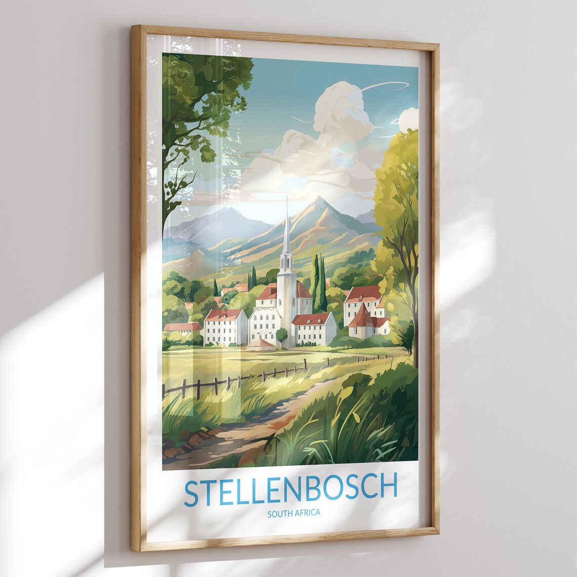 Stellenbosch South Africa Village Church Spire Vintage Travel Poster