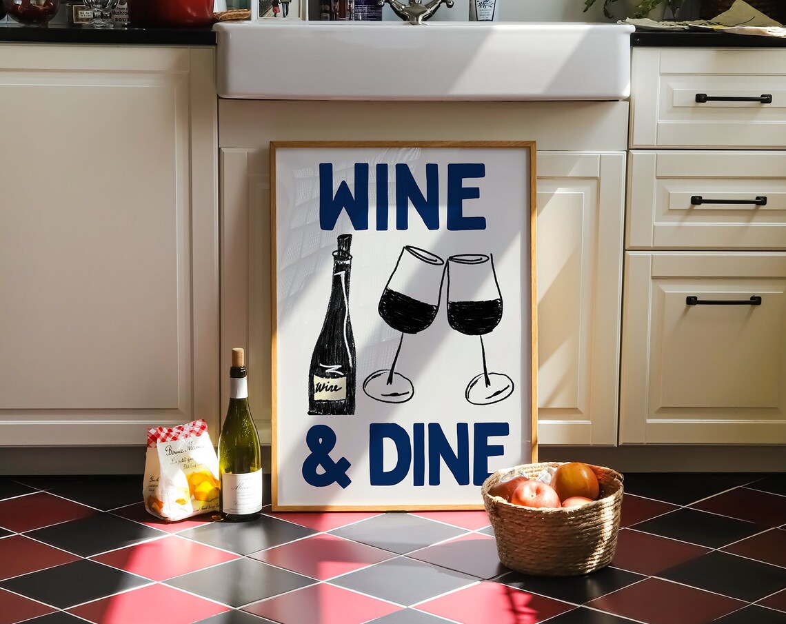 Vintage Wine Poster, Kitchen and Bar Cart Decor