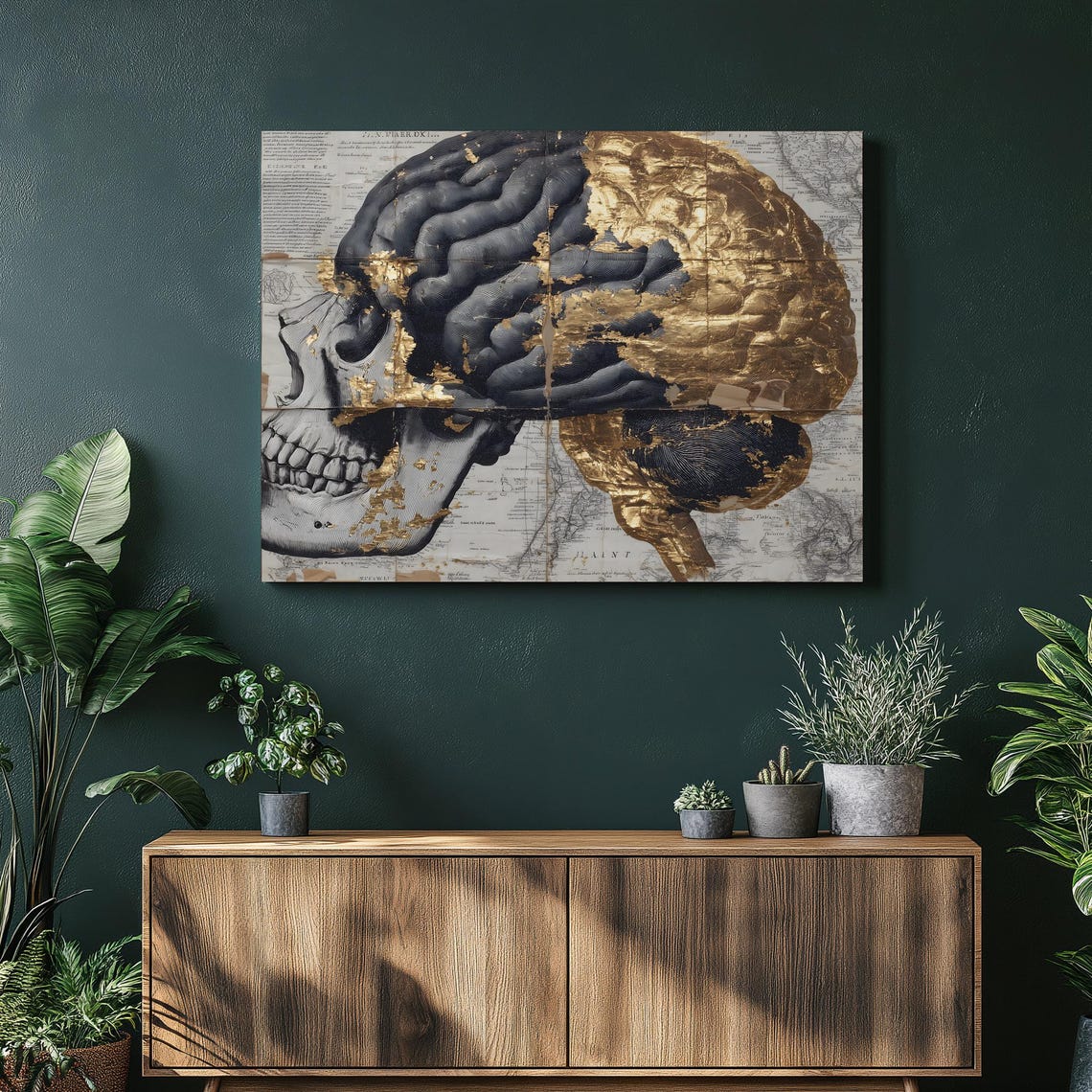 Skull Brain Anatomy Canvas Wall Art Gold Leaf Print Vintage Map Decor Neuroscience Painting Modern Scientific Gift
