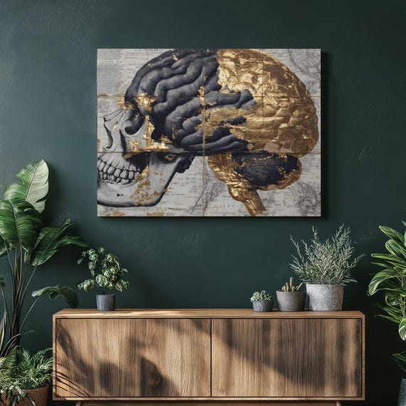 Skull Brain Anatomy Canvas Wall Art Gold Leaf Print Vintage Map Decor Neuroscience Painting Modern Scientific Gift