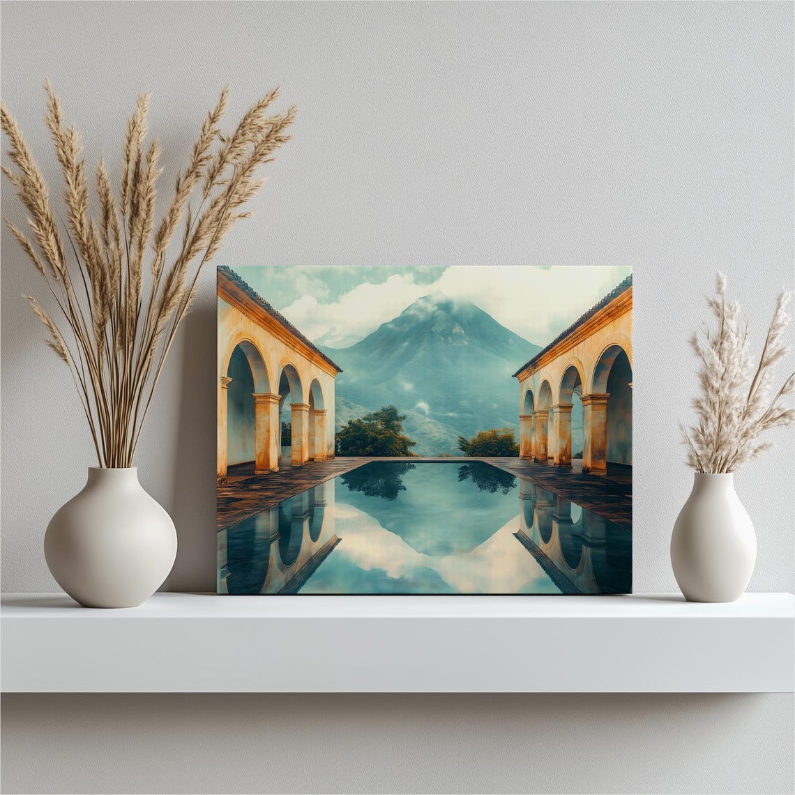 Spanish Colonial Courtyard With Reflecting Pool Mountain Poster