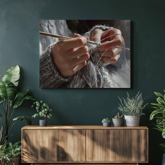 Hands Crocheting Metallic Gray Yarn Cozy Fiber Craft Canvas Print