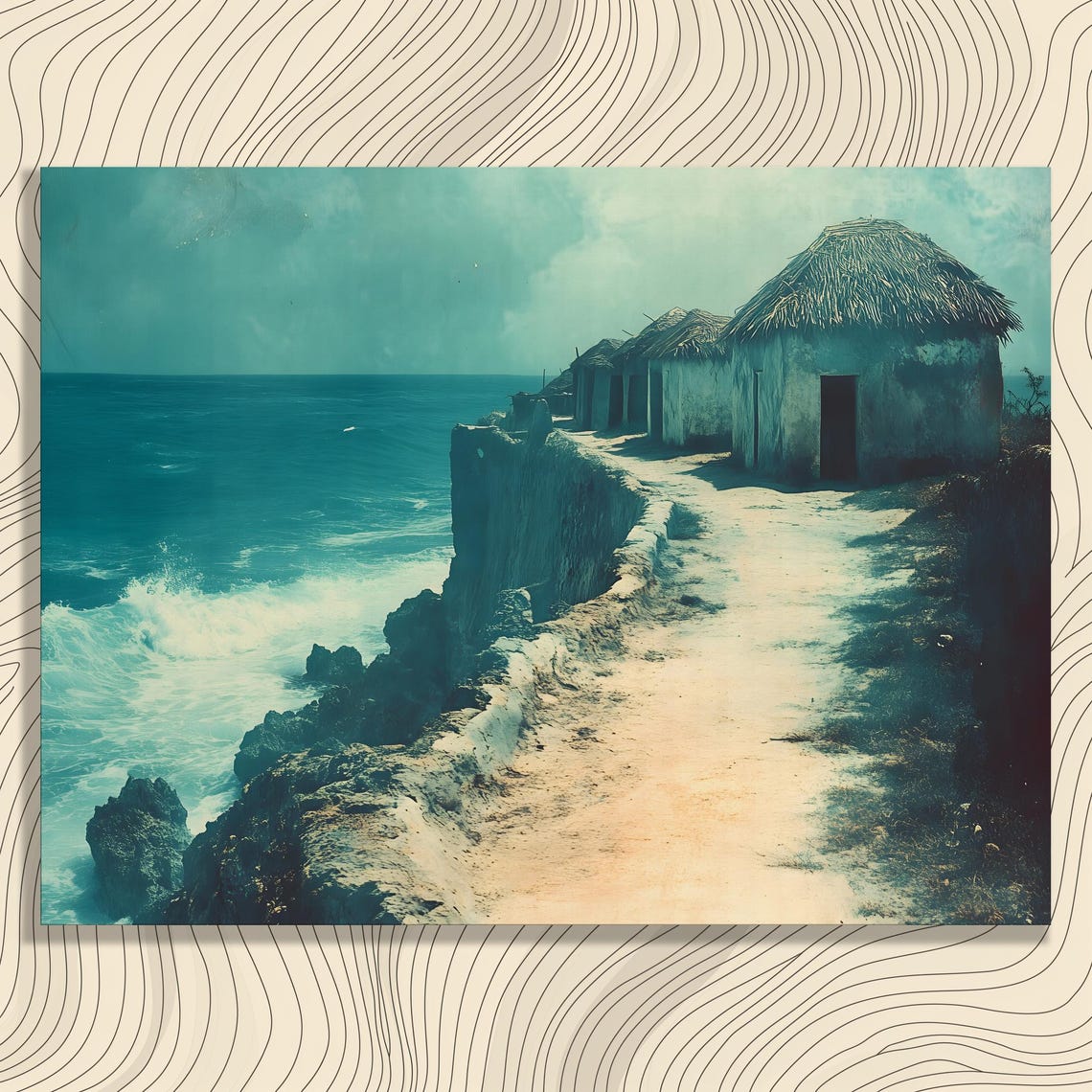 Coastal Cliff Thatched Huts Ocean Waves Vintage Seaside Print