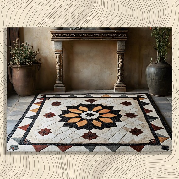 Geometric Floral Rug Canvas Wall Art Rustic Traditional Pattern Black Beige Home Decor Textile Print Abstract