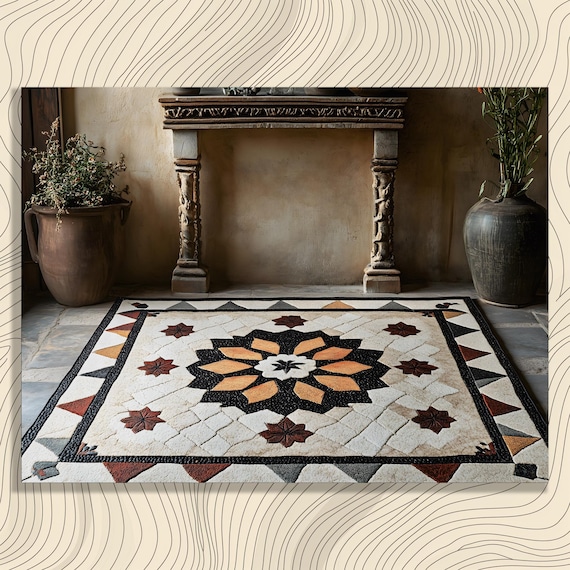 Geometric Star Rug Pattern Beige Black Traditional Textile Art Poster
