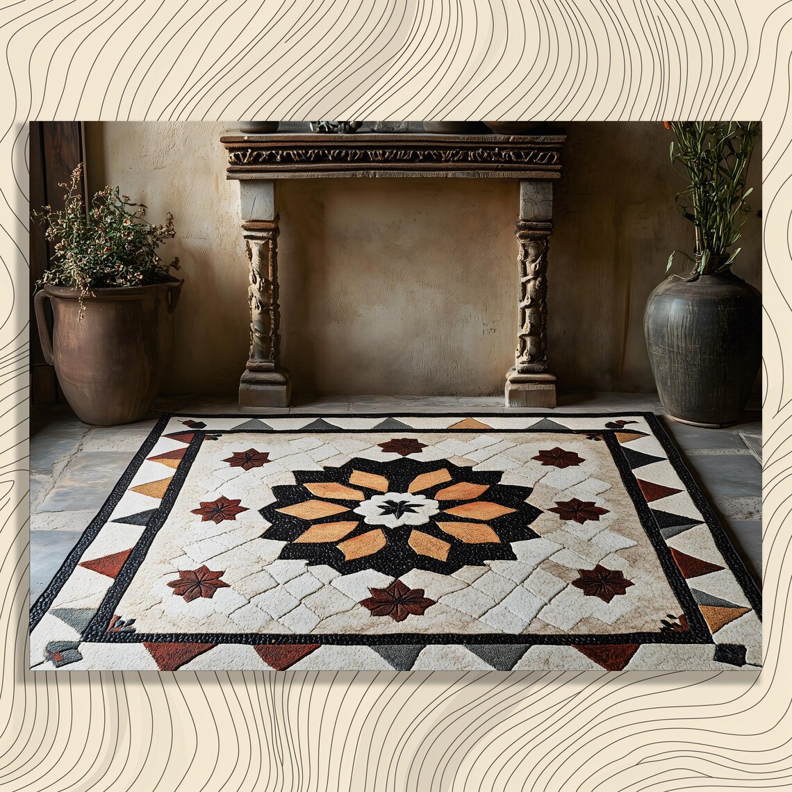 Geometric Floral Rug Canvas Wall Art Rustic Traditional Pattern Black Beige Home Decor Textile Print Abstract