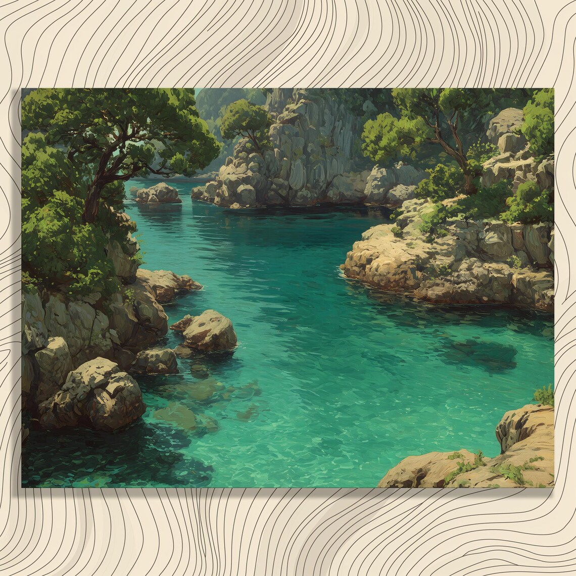 Turquoise Coastal Cove Rocky Cliffs Emerald Seascape Oil Poster