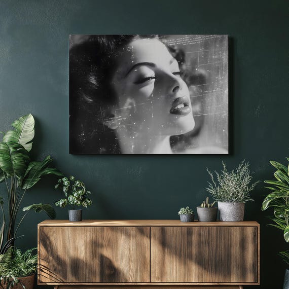 Glamour Portrait Canvas Wall Art Double Exposure Star Map Overlay In Black And White Female Face With Celestial Lines Orbits