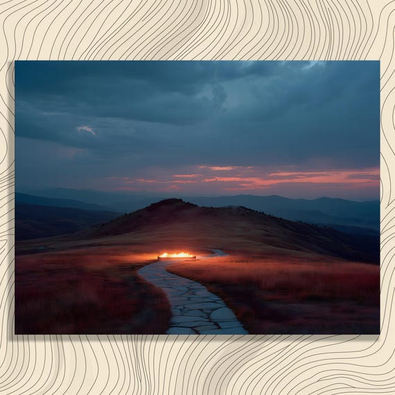 Surreal Sunset Path Canvas Wall Art Moody Mountain Landscape Print With Glowing Fire Pit Pathway Modern Decor Painting Gift