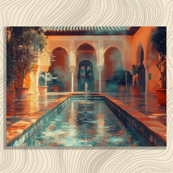 Moorish Courtyard Fountain Ornate Arches Sunlit Oasis Poster