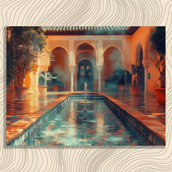 Serene Courtyard Canvas Wall Art Botanical Gardens Watercolor Painting Fountain Piece Garden Murals Patio Water Print