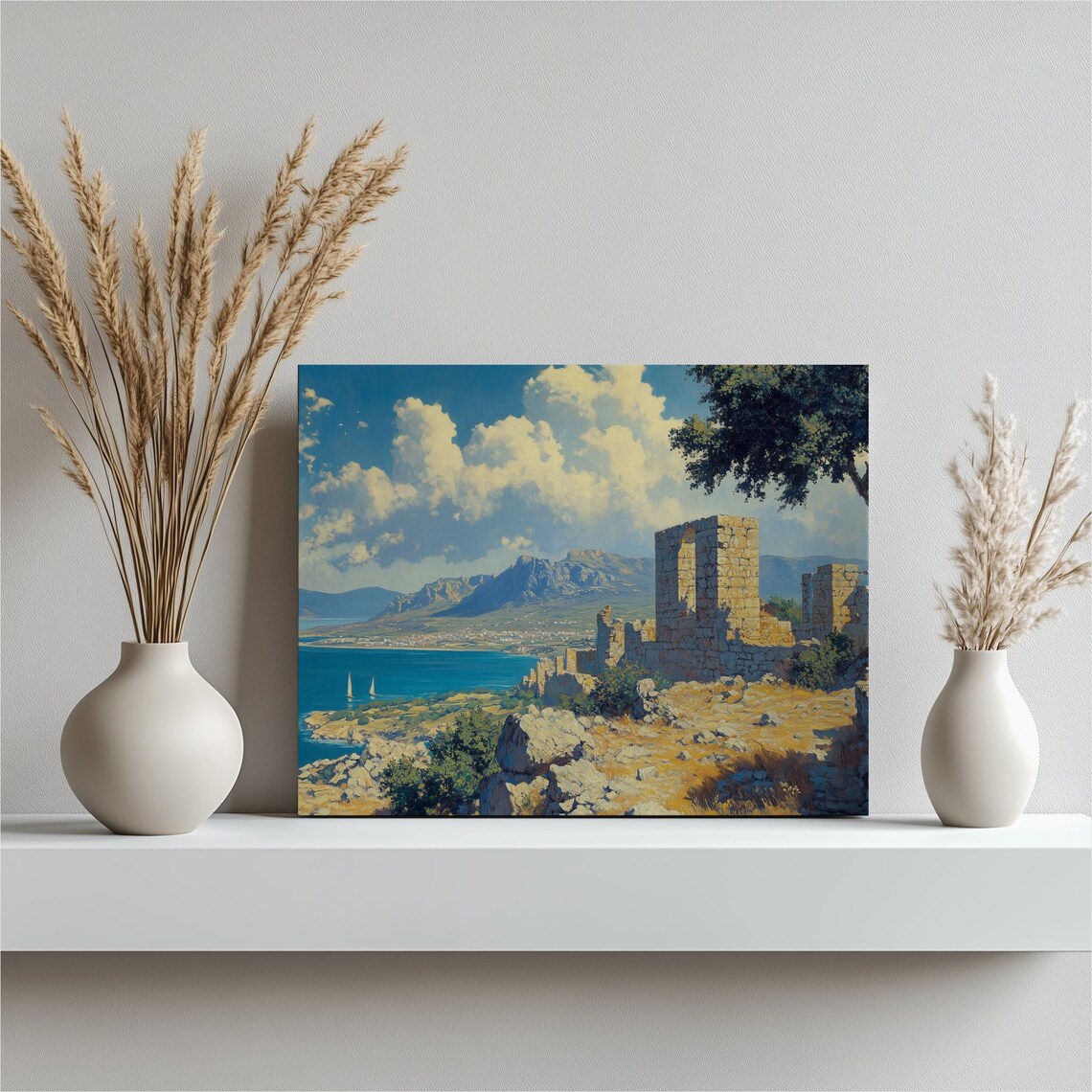 Ancient Coastal Ruins Blue Bay Sailboats Sunny Seascape Art Poster