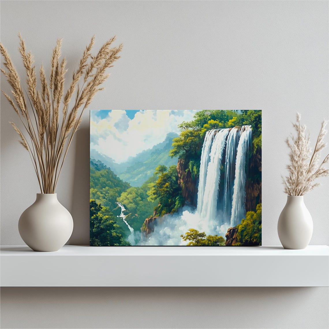 Tropical Waterfall Cascading Through Lush Green Jungle Valley Poster