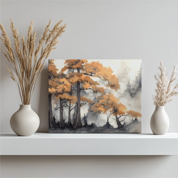 Golden Autumn Forest Misty Watercolor Trees Landscape Poster