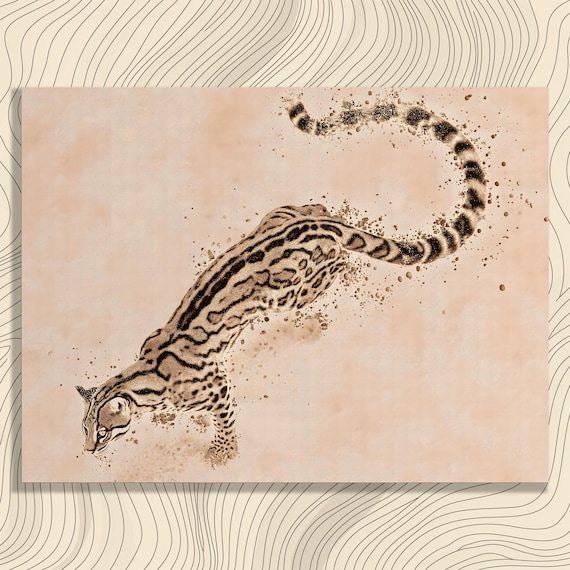 Ocelot Leaping Splatter Paint Wildcat Sepia Watercolor Wall Art