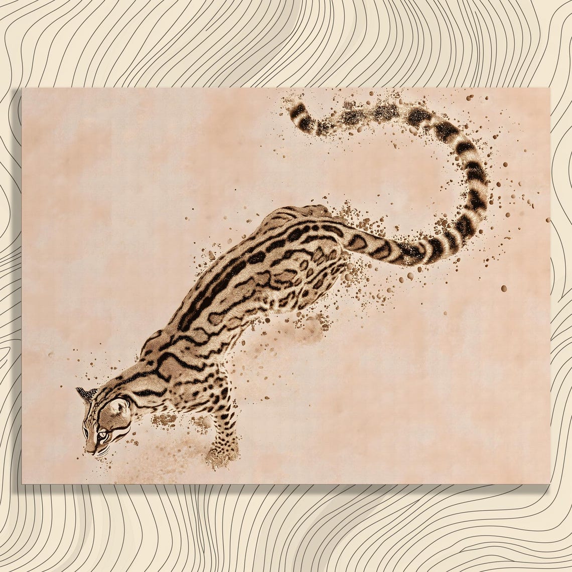Ocelot Leaping Splatter Paint Wildcat Sepia Watercolor Wall Art