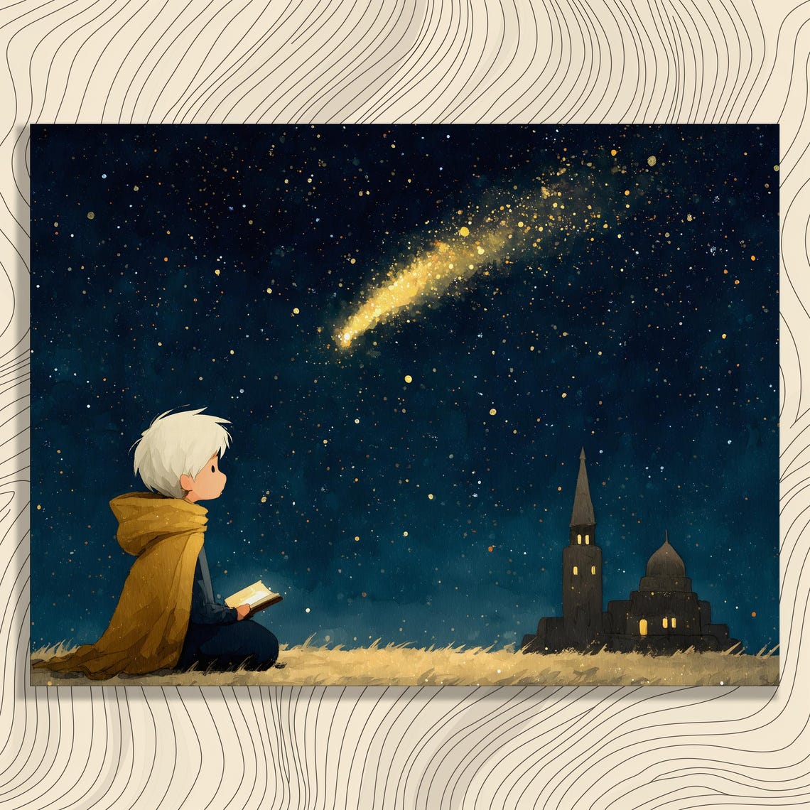 Stargazing Child Canvas Wall Art Cozy Starry Night Illustration With Glowing Comet Sky Dreamy Storybook Scene For Peaceful Nursery Decor