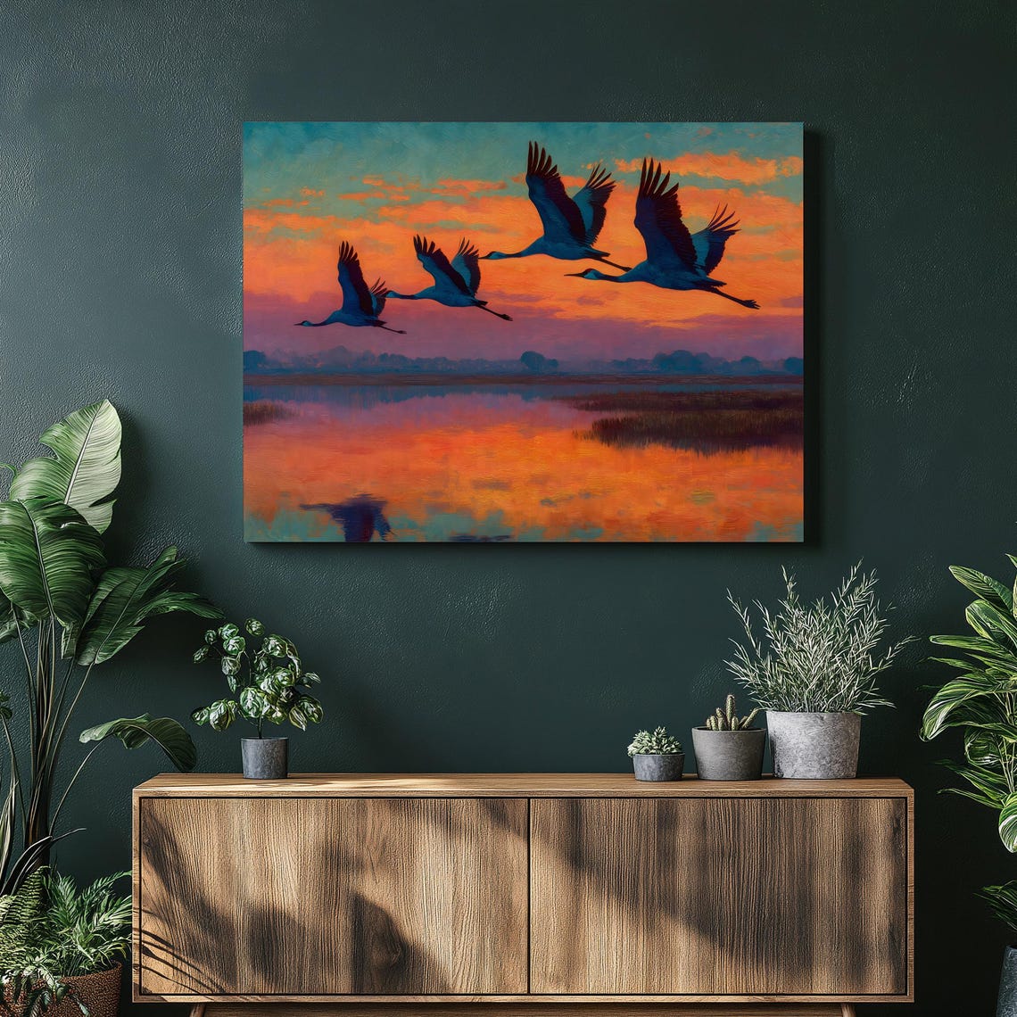 Flying Cranes Sunset Marsh Wetland Orange Sky Wildlife Bird Wall Art