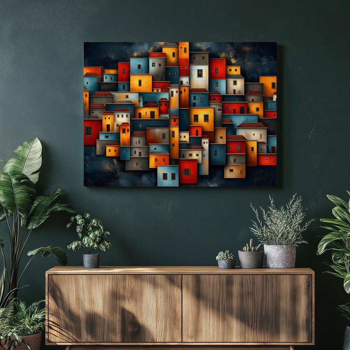 Abstract Cityscape Canvas Wall Art Geometric Design Blocks Of Color Architectural Facades Modern City Decor Contemporary Style Artwork