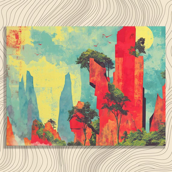 Vibrant Red Canyon Canvas Wall Art Surreal Modern Landscape Painting Print Colorful Horizon Nature Lovers Gift For Enthusiasts
